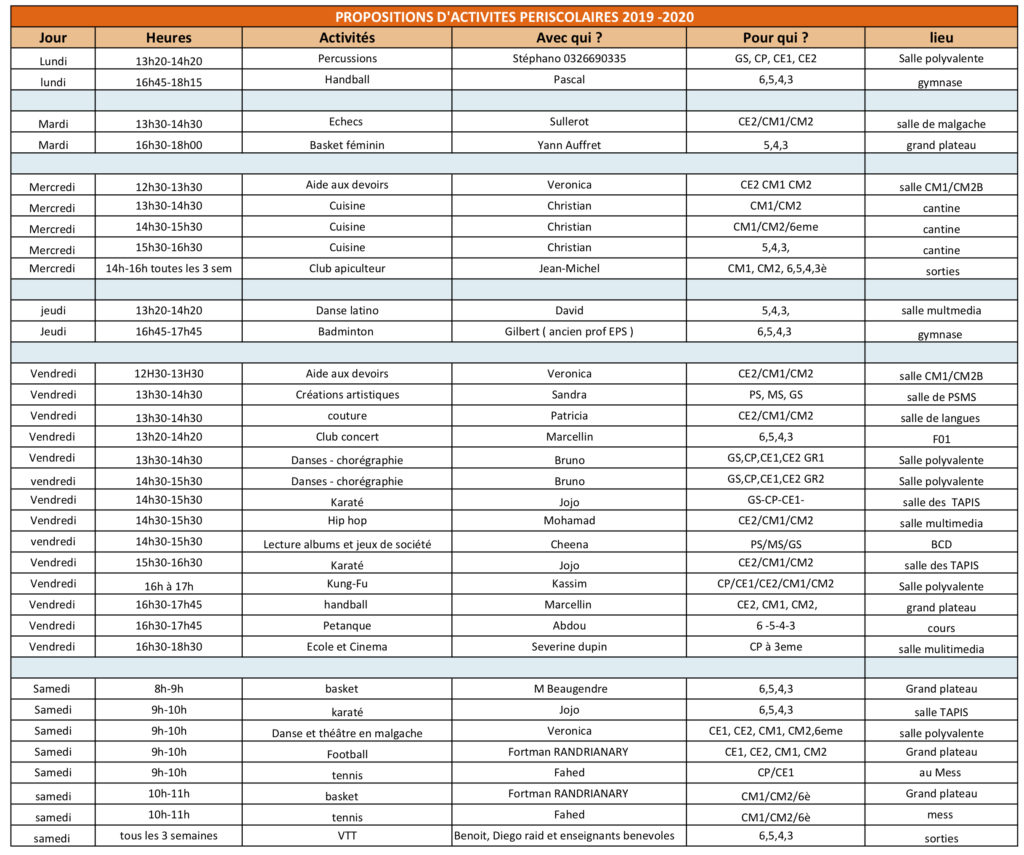 tableau des activités périscolaires 2019/2020